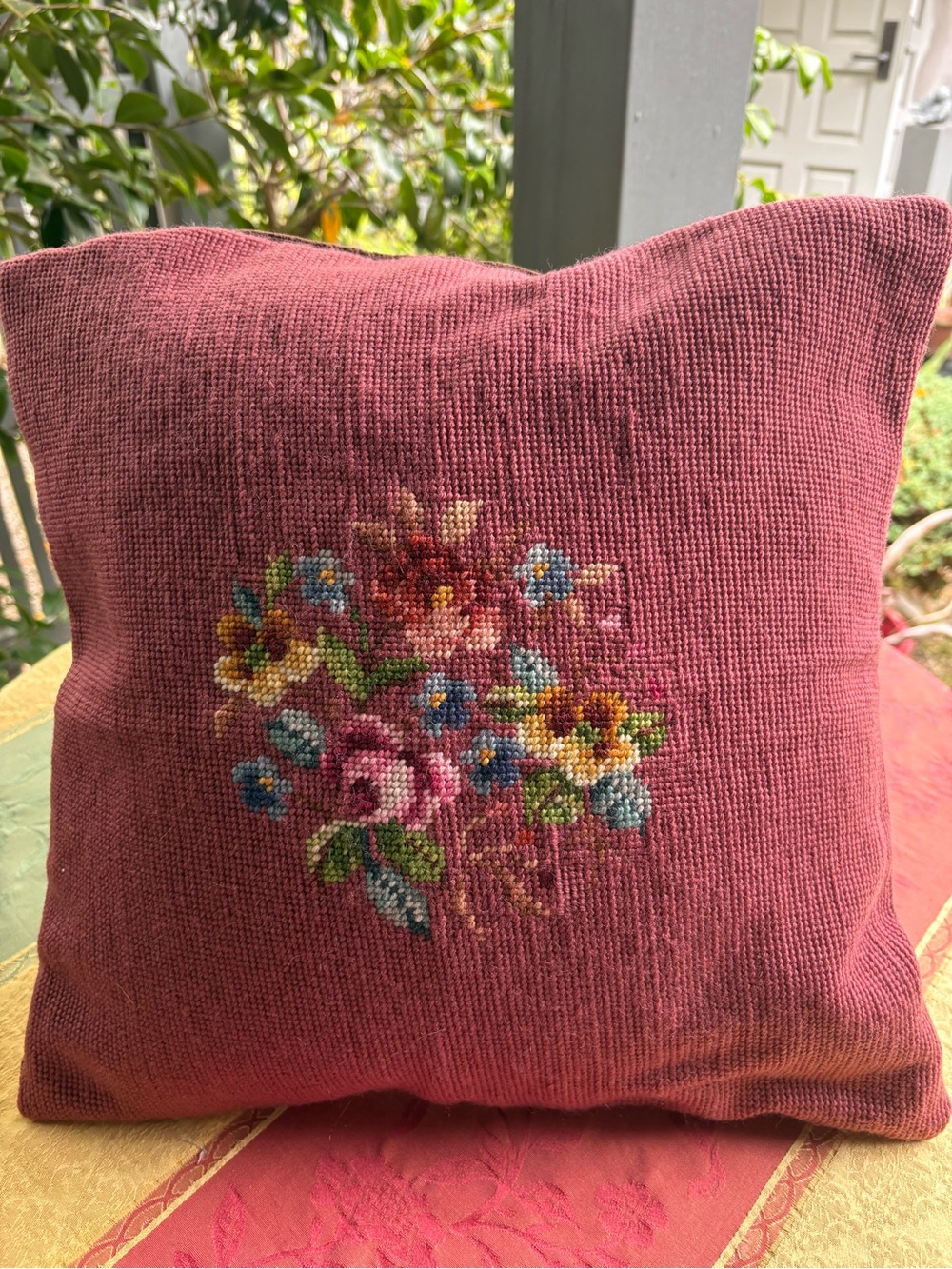 Embroidered Handmade Floral Needlepoint Pillow Cover🌸Rose Pink with Velvet Back